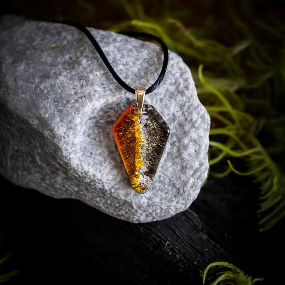 Jewelry - Bog Oak & Gold-Tone Leaf Pendant – Shield, 39x24x6 mm - GLASS4CANDLES