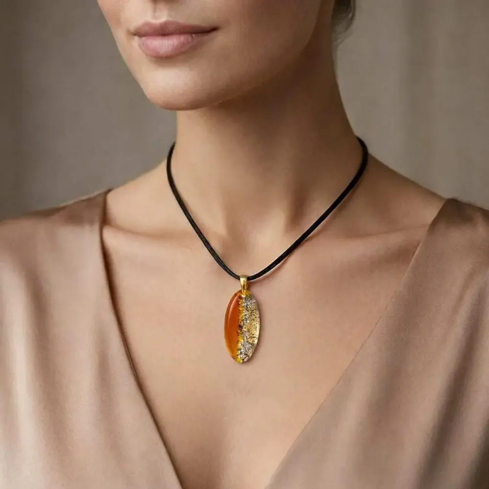 Jewelry - Bog Oak & Gold-Tone Leaf Pendant – Drop, 39x16x6 mm - GLASS4CANDLES