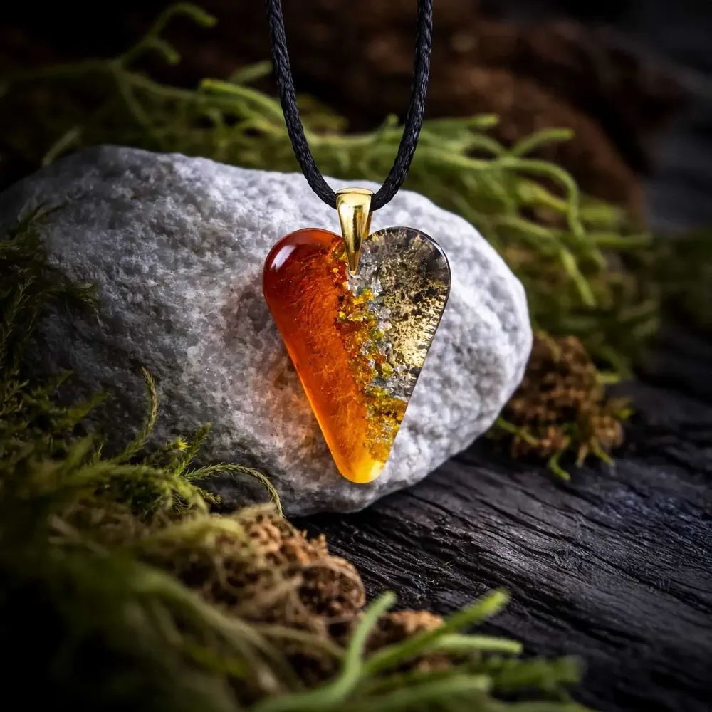 Jewelry - Bog Oak & Gold-Tone Leaf Pendant – Heart, 38x26x6 mm – Golden Eon - GLASS4CANDLES