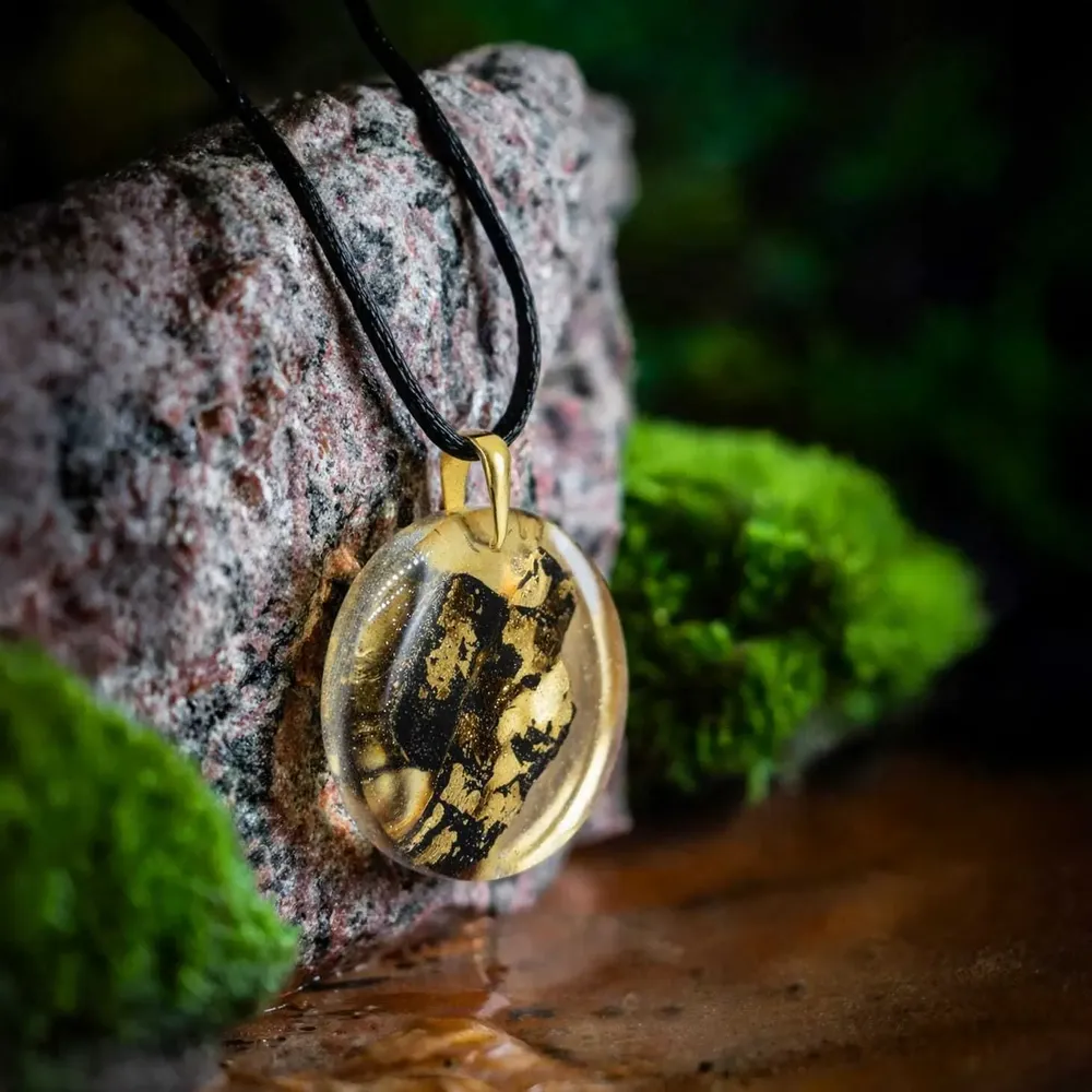 Jewelry - Bog Oak & Gold-Tone Leaf Pendant – Round – Ancient Chronicle - GLASS4CANDLES