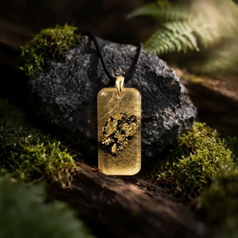 Jewelry - Bog Oak & Gold-Tone Leaf Pendant – Rectangle – Ancient Chronicle - GLASS4CANDLES