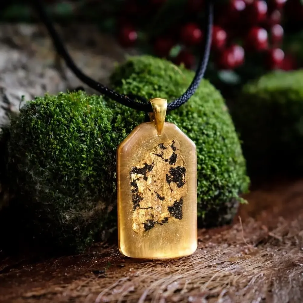 Jewelry - Bog Oak & Gold-Tone Leaf Pendant – Rectangle – Ancient Chronicle - GLASS4CANDLES