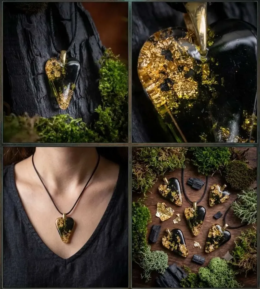 Jewelry - Bog Oak & Gold-Tone Leaf Pendant – Heart – Golden Reflections - GLASS4CANDLES