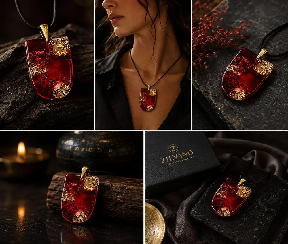 Jewelry - Resin & Gold-Tone Leaf Pendant – Shield, 37x26x6 mm – Golden Aura - GLASS4CANDLES