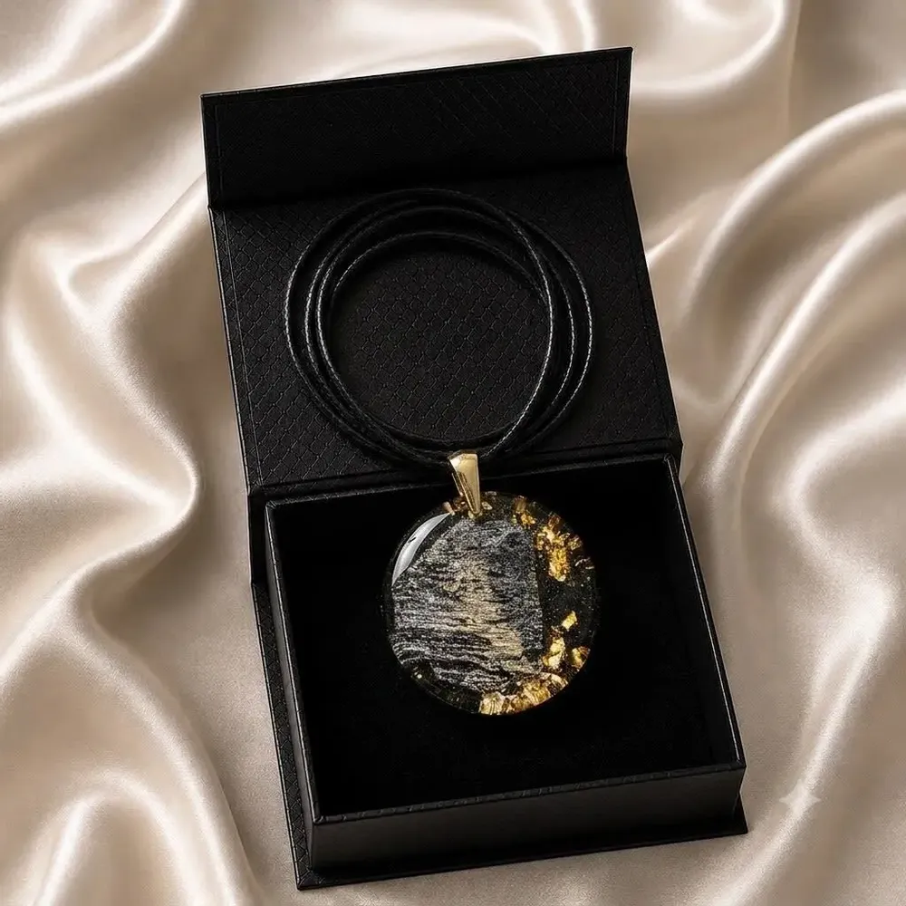Jewelry - Bog Oak & Gold-Tone Leaf Pendant – Round – Golden Reflections - GLASS4CANDLES