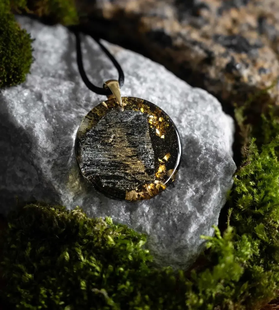 Jewelry - Bog Oak & Gold-Tone Leaf Pendant – Round – Golden Reflections - GLASS4CANDLES