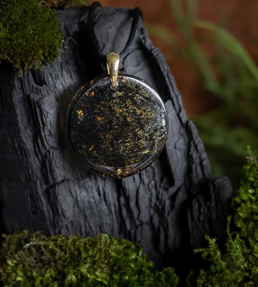 Jewelry - Bog Oak & Gold-Tone Leaf Pendant – Round – Golden Reflections - GLASS4CANDLES