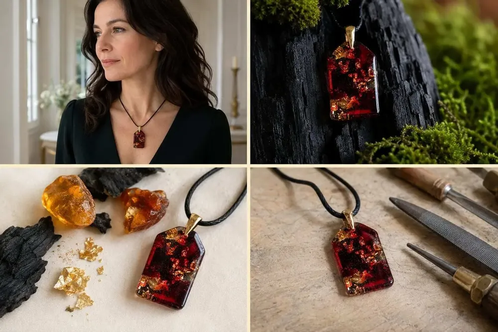 Jewelry - Resin & Gold-Tone Leaf Pendant – Rectangle, 40x23x6 mm – Golden Aura - GLASS4CANDLES