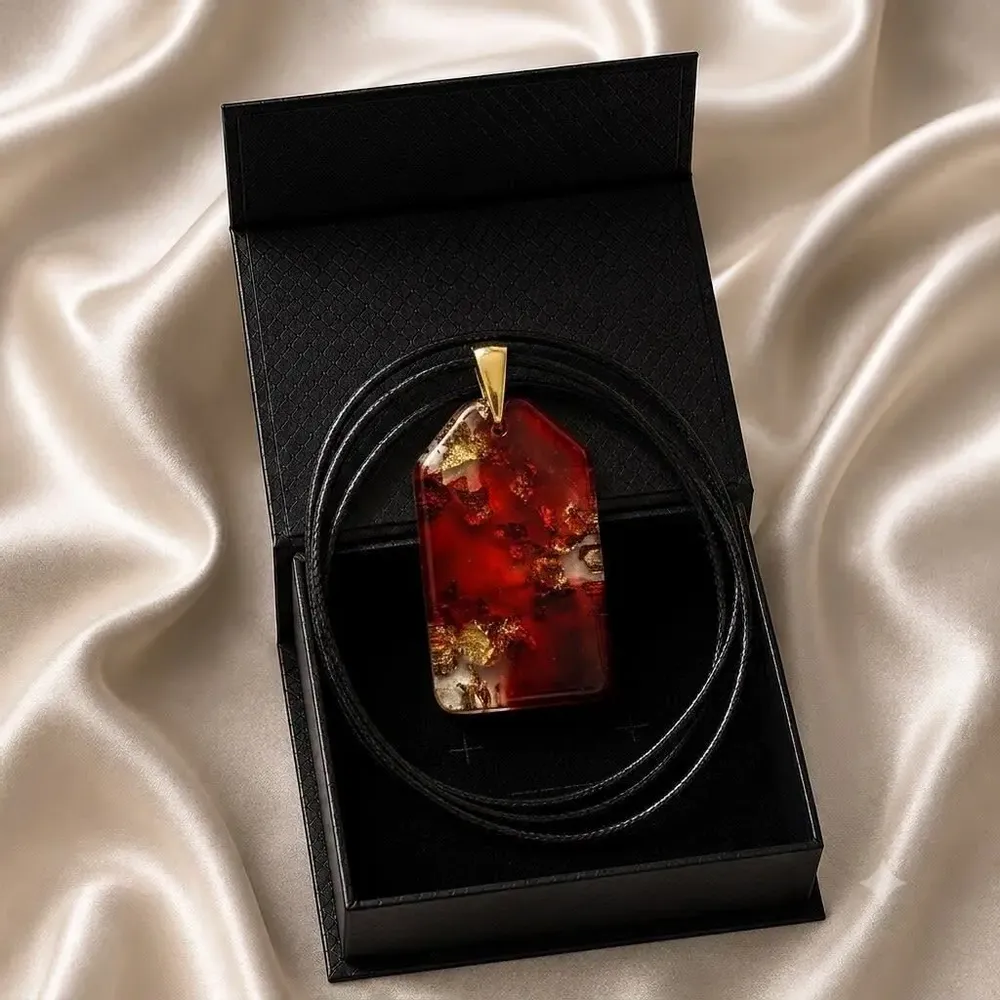 Jewelry - Resin & Gold-Tone Leaf Pendant – Rectangle, 40x23x6 mm – Golden Aura - GLASS4CANDLES