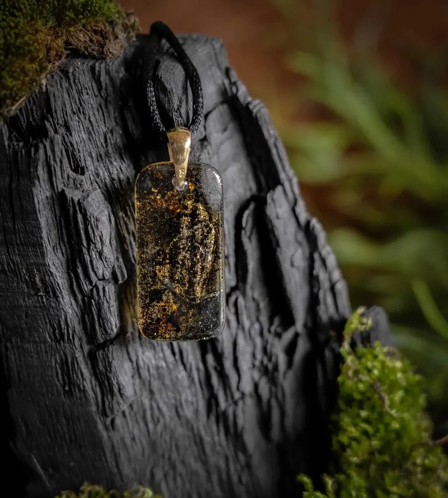 Jewelry - Bog Oak & Gold-Tone Leaf Pendant – Rectangle – Luminous – star dust - GLASS4CANDLES