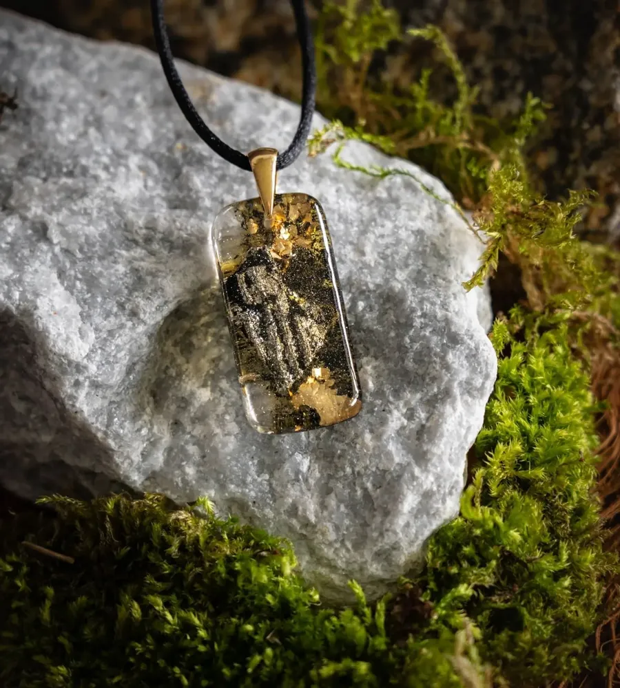 Jewelry - Bog Oak & Gold-Tone Leaf Pendant – Rectangle – Luminous – star dust - GLASS4CANDLES