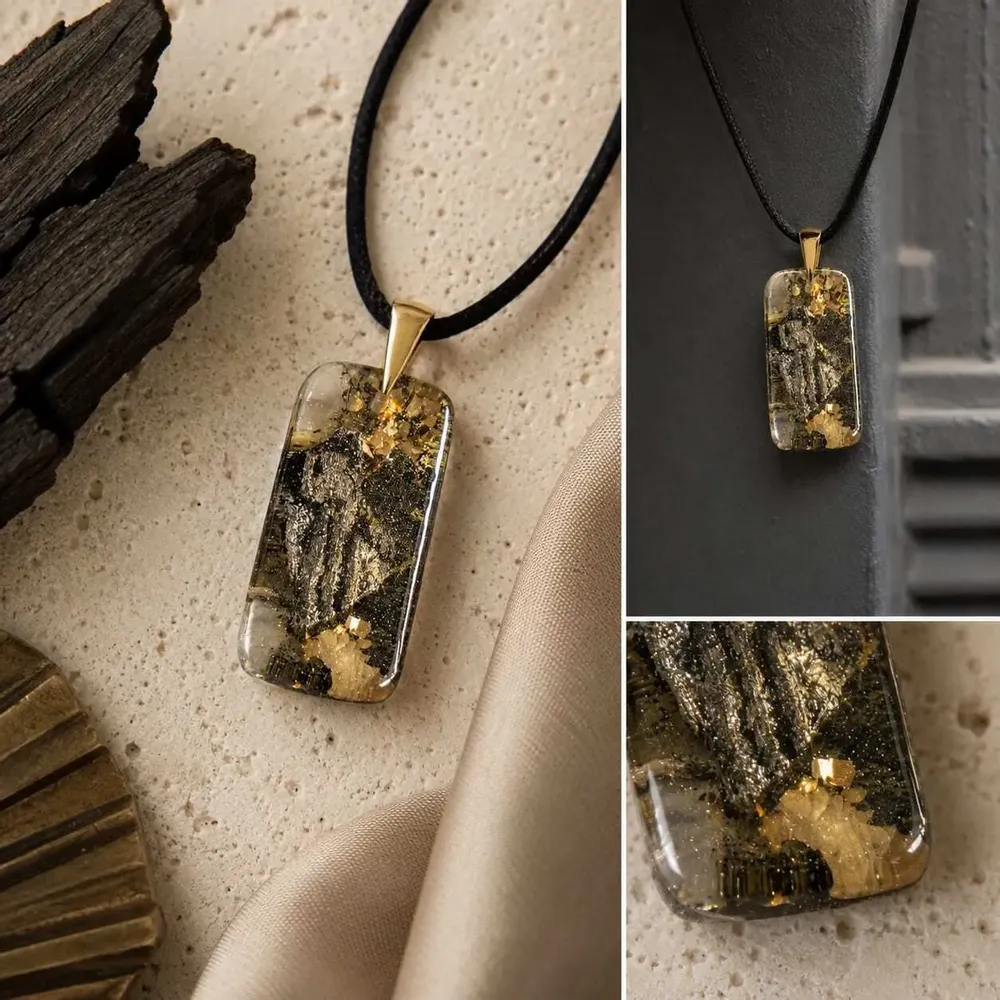 Jewelry - Bog Oak & Gold-Tone Leaf Pendant – Rectangle – Luminous – star dust - GLASS4CANDLES
