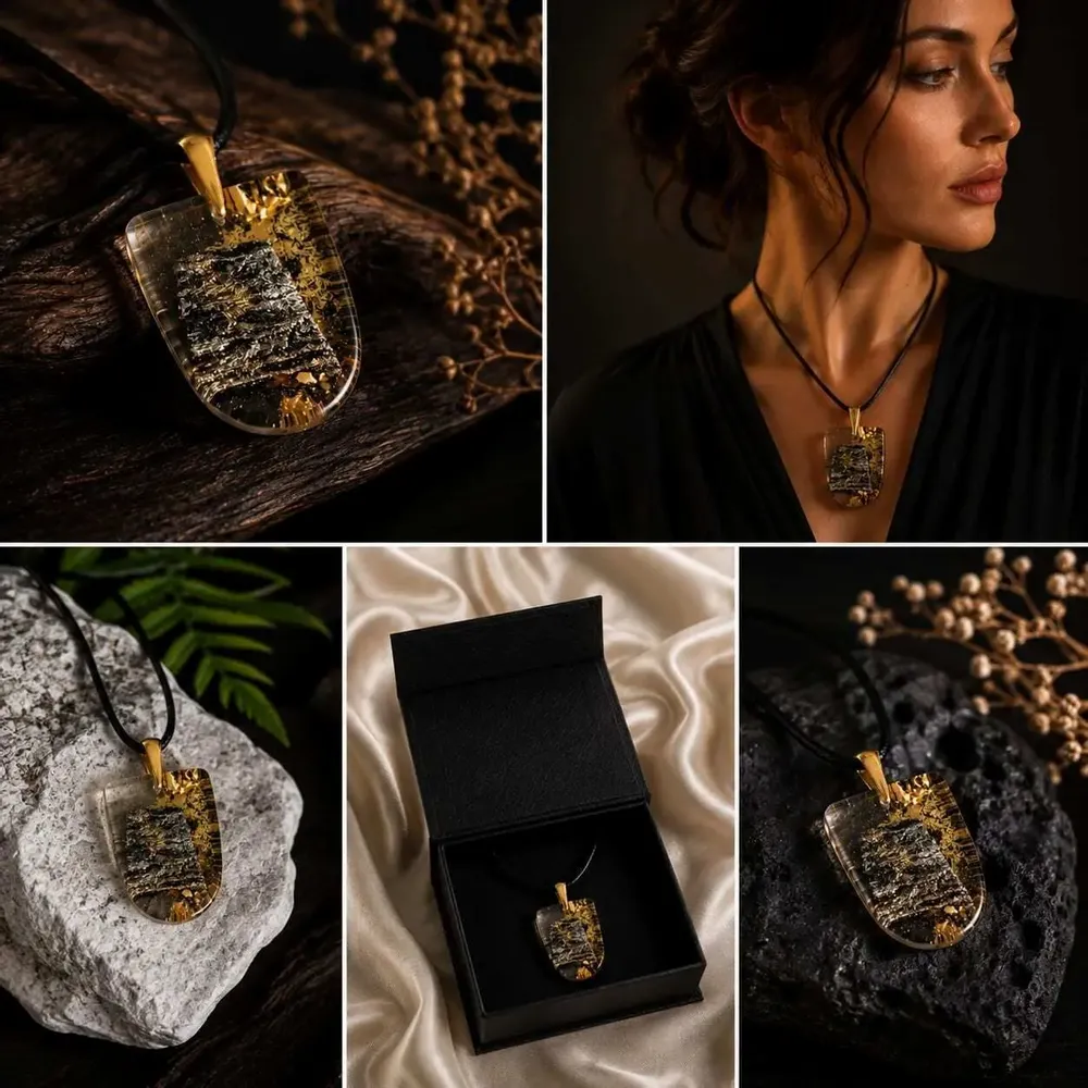 Jewelry - Bog Oak & Gold-Tone Leaf Pendant – Shield, 37x26x6 mm – Luminous - GLASS4CANDLES