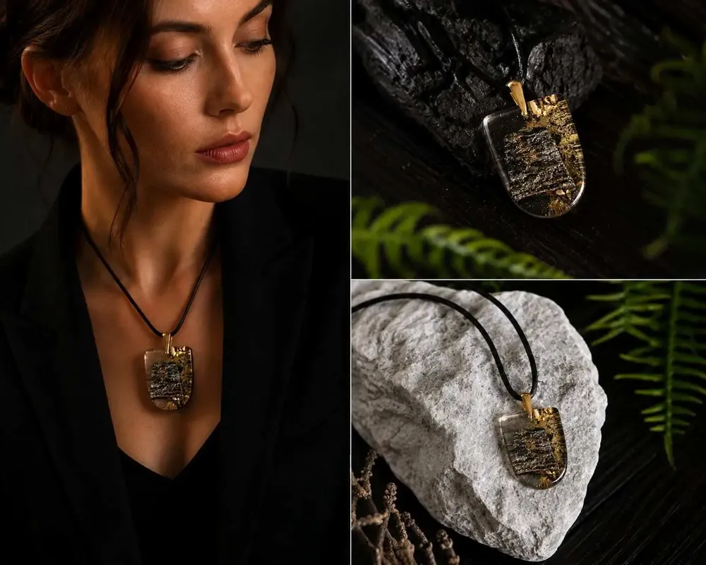 Jewelry - Bog Oak & Gold-Tone Leaf Pendant – Shield, 37x26x6 mm – Luminous - GLASS4CANDLES