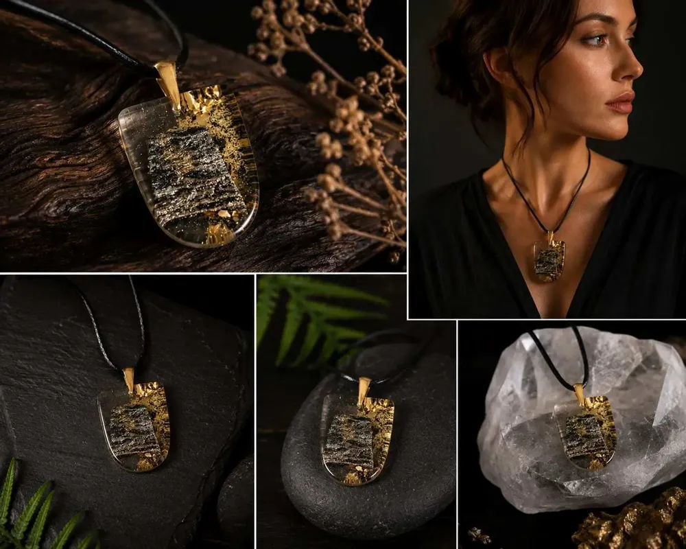 Jewelry - Bog Oak & Gold-Tone Leaf Pendant – Shield, 37x26x6 mm – Luminous - GLASS4CANDLES