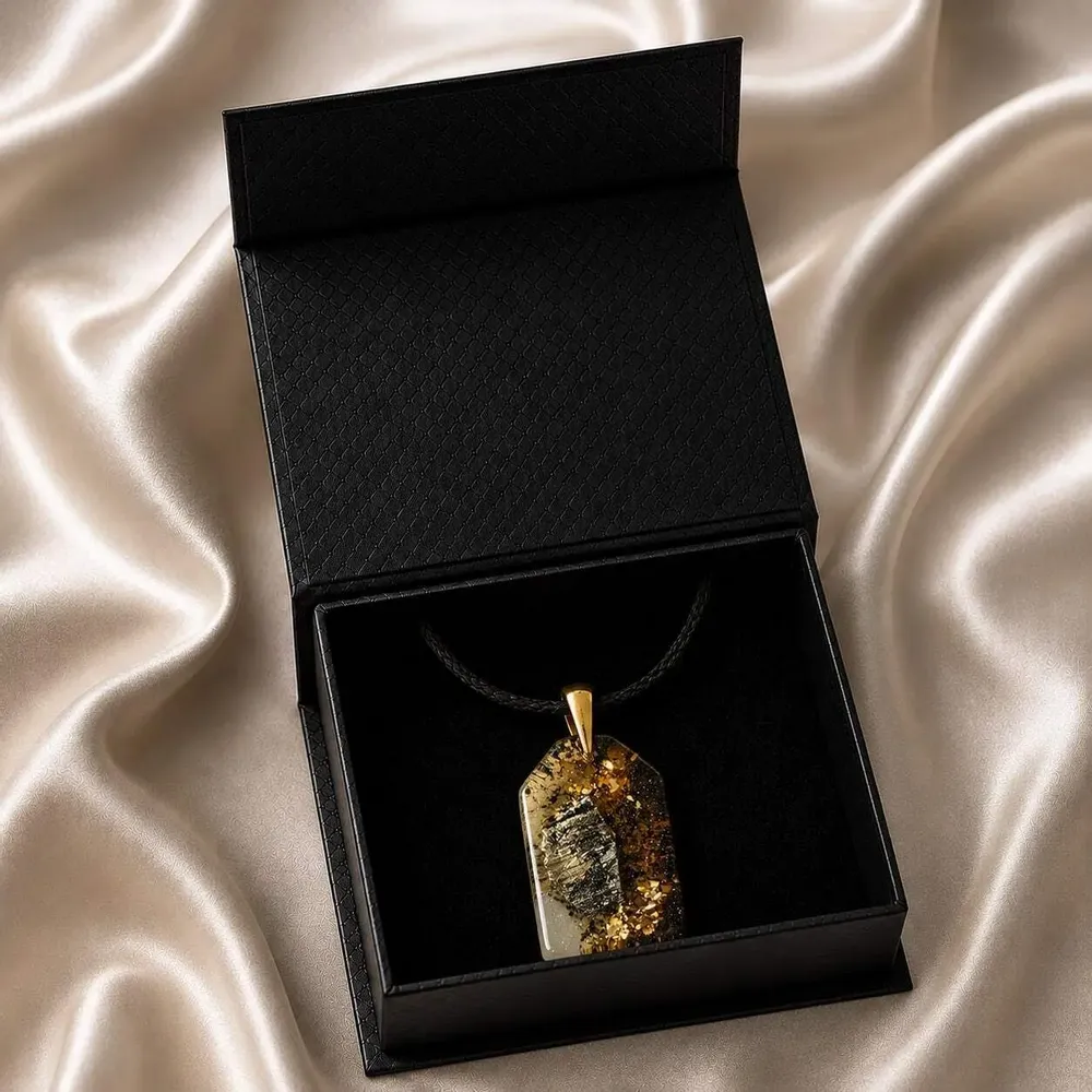Jewelry - Bog Oak & Gold-Tone Leaf Pendant – Rectangle, 40x23x6 mm – Luminous - GLASS4CANDLES