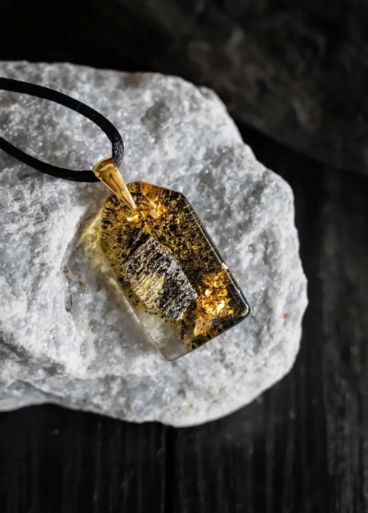Jewelry - Bog Oak & Gold-Tone Leaf Pendant – Rectangle, 40x23x6 mm – Luminous - GLASS4CANDLES
