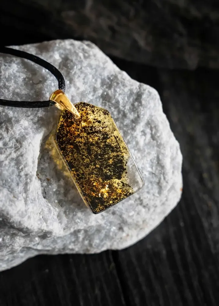 Jewelry - Bog Oak & Gold-Tone Leaf Pendant – Rectangle, 40x23x6 mm – Luminous - GLASS4CANDLES
