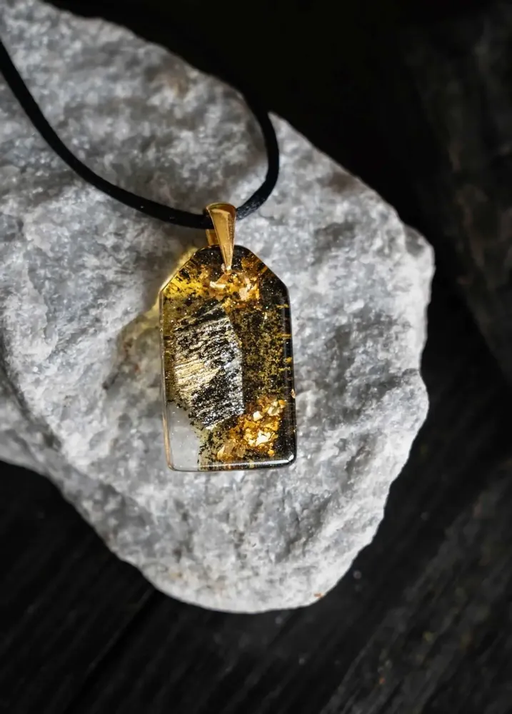 Jewelry - Bog Oak & Gold-Tone Leaf Pendant – Rectangle, 40x23x6 mm – Luminous - GLASS4CANDLES