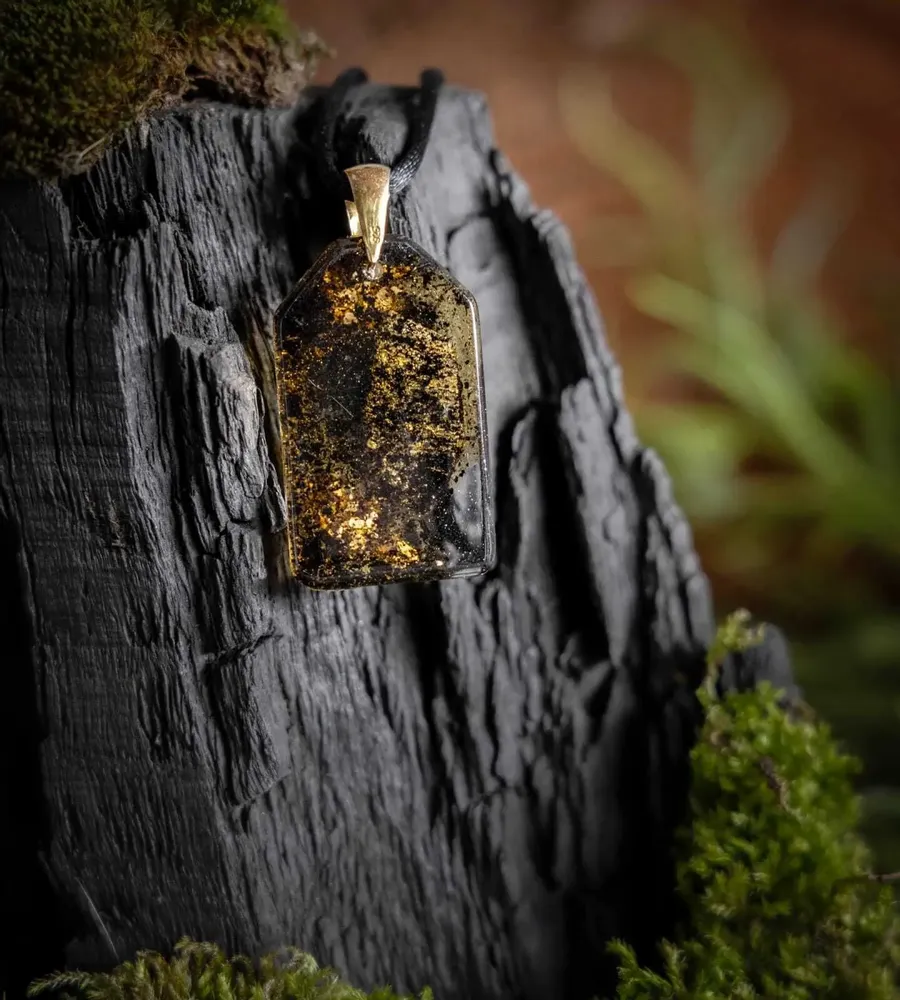 Jewelry - Bog Oak & Gold-Tone Leaf Pendant – Rectangle, 40x23x6 mm – Luminous - GLASS4CANDLES