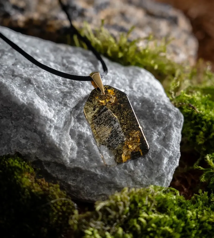 Jewelry - Bog Oak & Gold-Tone Leaf Pendant – Rectangle, 40x23x6 mm – Luminous - GLASS4CANDLES