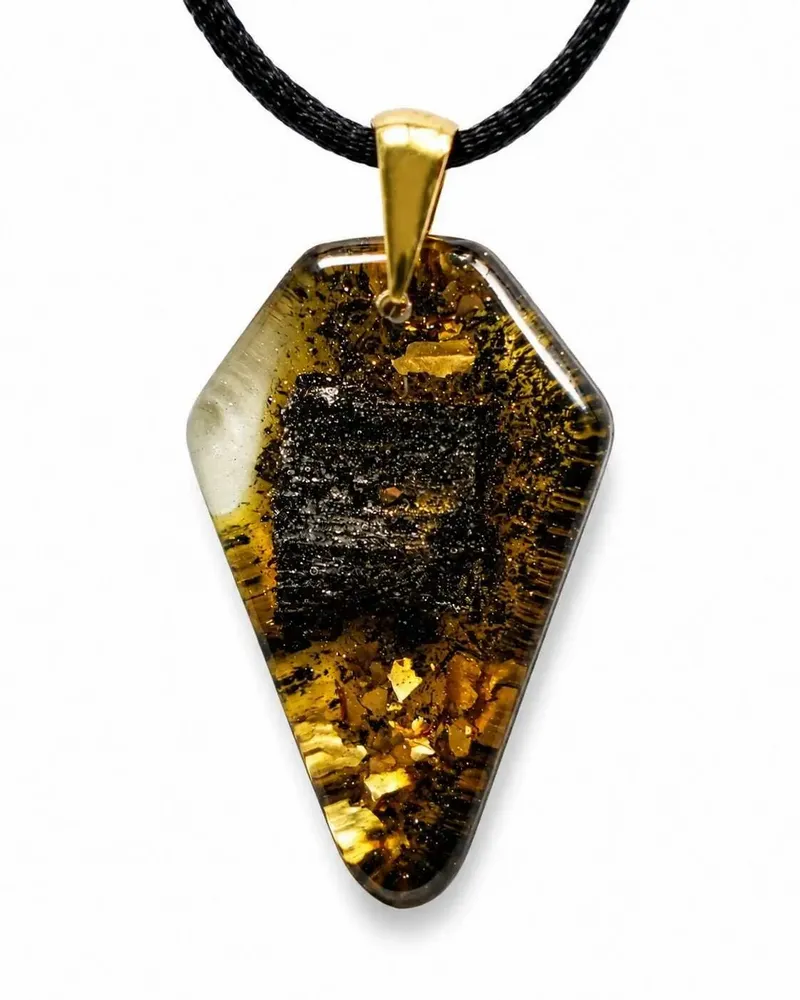 Jewelry - Bog Oak & Gold-Tone Leaf Pendant – Shield, 39x24x6 mm – Luminous - GLASS4CANDLES