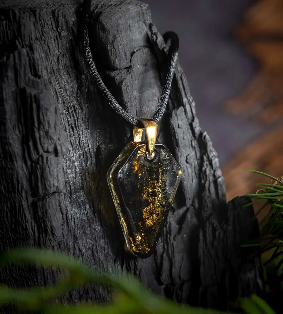 Jewelry - Bog Oak & Gold-Tone Leaf Pendant – Shield, 39x24x6 mm – Luminous - GLASS4CANDLES