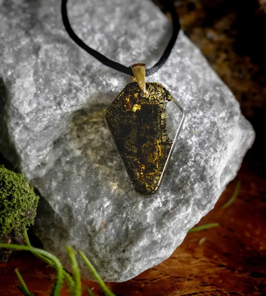 Jewelry - Bog Oak & Gold-Tone Leaf Pendant – Shield, 39x24x6 mm – Luminous - GLASS4CANDLES