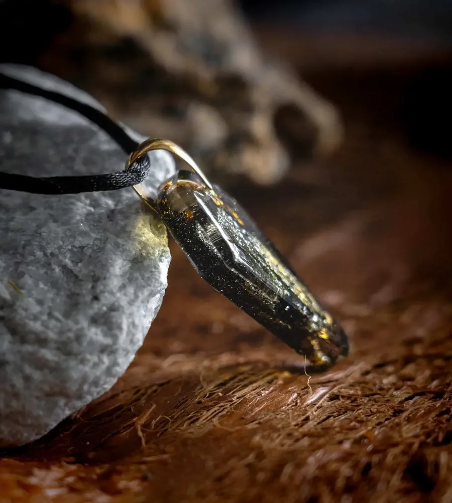 Jewelry - Bog Oak & Gold-Tone Leaf Pendant – Shield, 39x24x6 mm – Luminous - GLASS4CANDLES