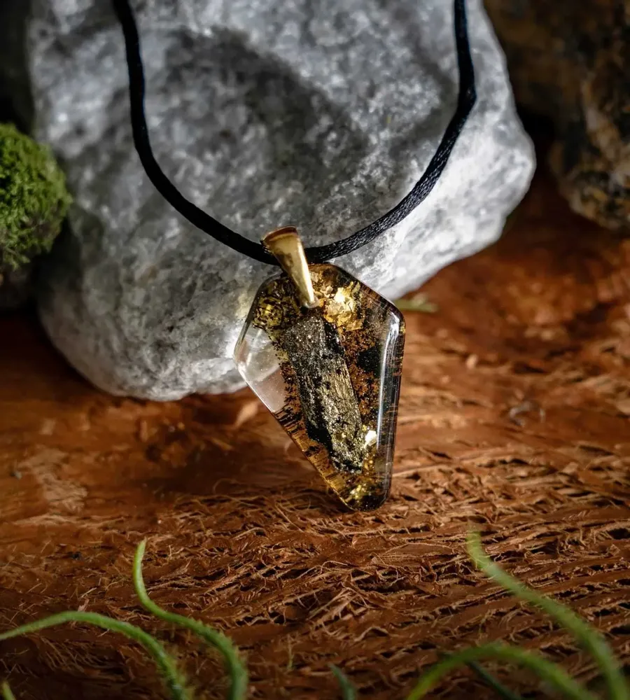 Jewelry - Bog Oak & Gold-Tone Leaf Pendant – Shield, 39x24x6 mm – Luminous - GLASS4CANDLES