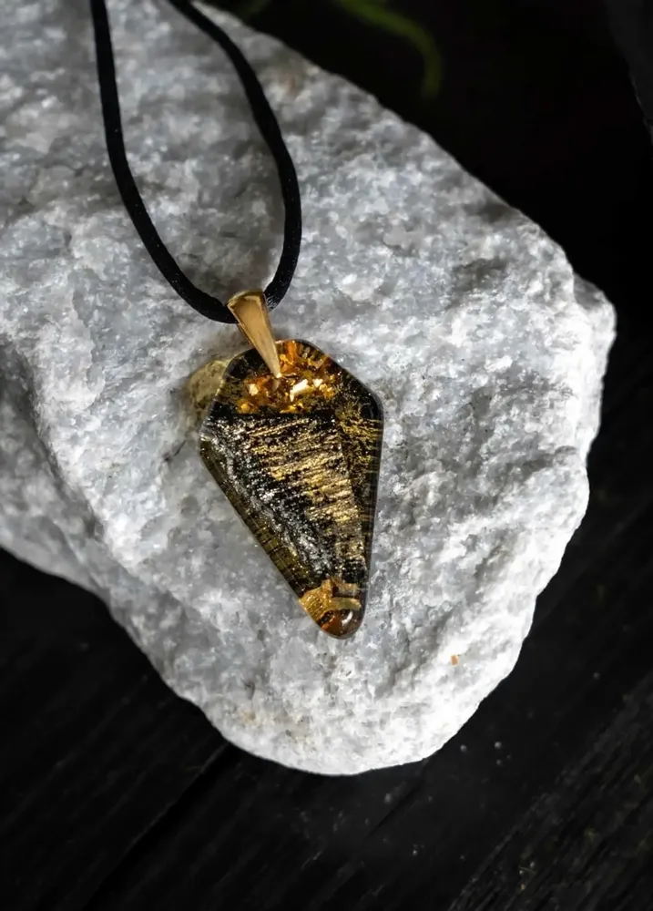 Jewelry - Bog Oak & Gold-Tone Leaf Pendant – Shield, 39x24x6 mm – Luminous - GLASS4CANDLES