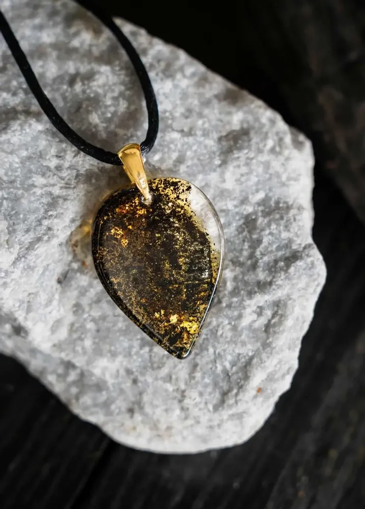 Jewelry - Bog Oak & Gold-Tone Leaf Pendant – Drop, 37x26x6 mm – Luminous - GLASS4CANDLES