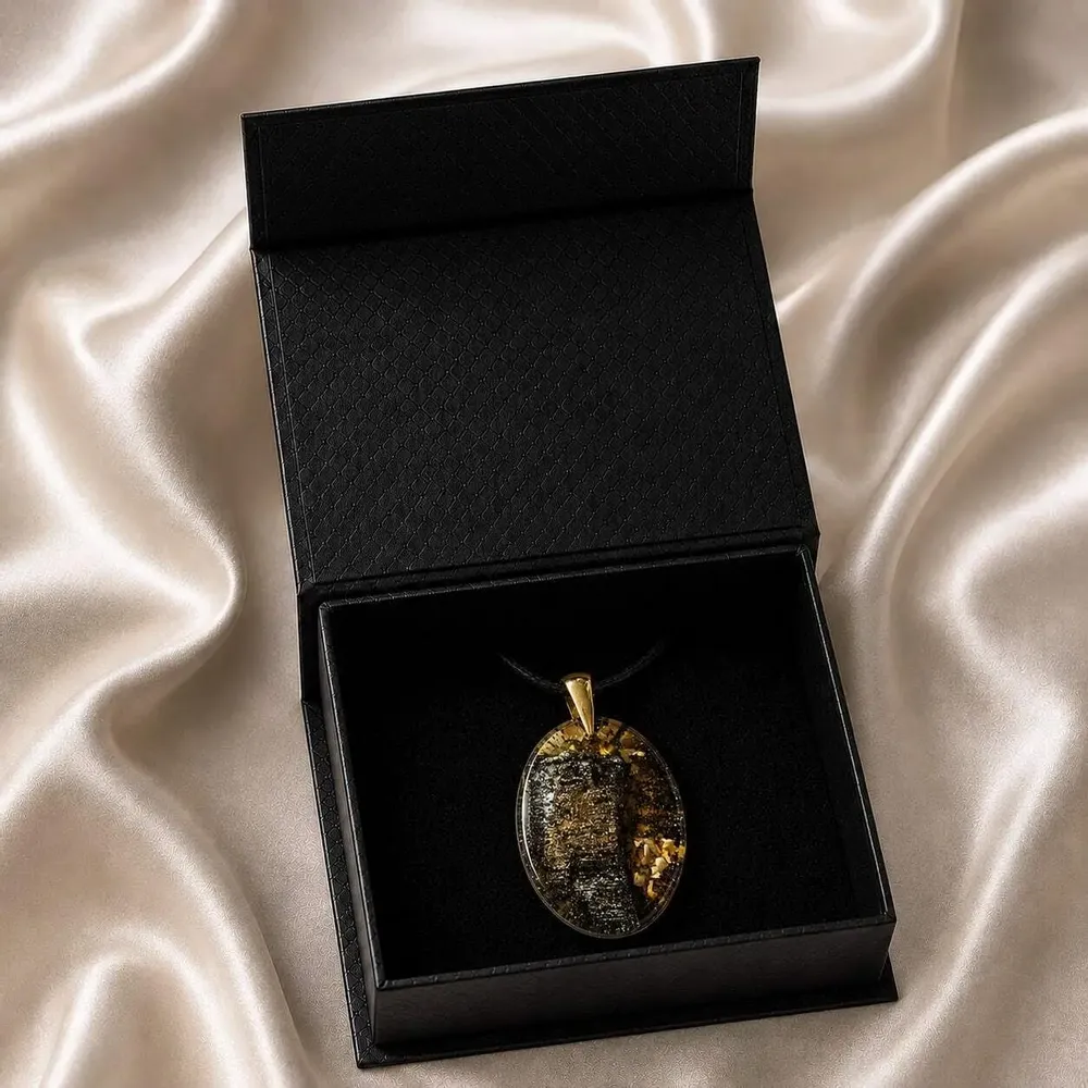 Jewelry - Bog Oak & Gold-Tone Leaf Pendant – Oval – Luminous – gold-tone leaf - GLASS4CANDLES