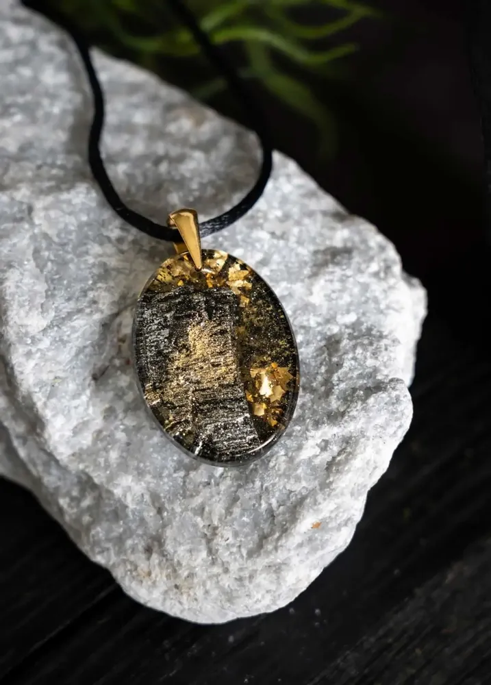 Jewelry - Bog Oak & Gold-Tone Leaf Pendant – Oval – Luminous – gold-tone leaf - GLASS4CANDLES