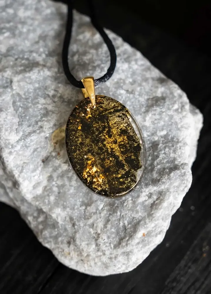 Jewelry - Bog Oak & Gold-Tone Leaf Pendant – Oval – Luminous – gold-tone leaf - GLASS4CANDLES