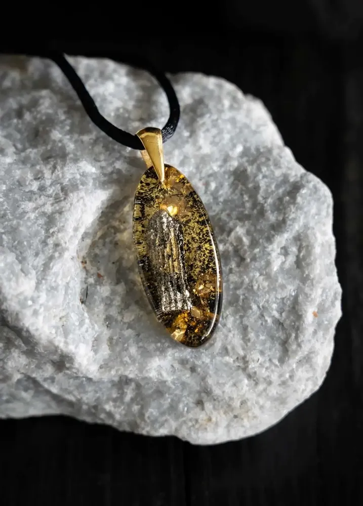 Jewelry - Bog Oak & Gold-Tone Leaf Pendant – Oval – Luminous – gold-tone leaf - GLASS4CANDLES