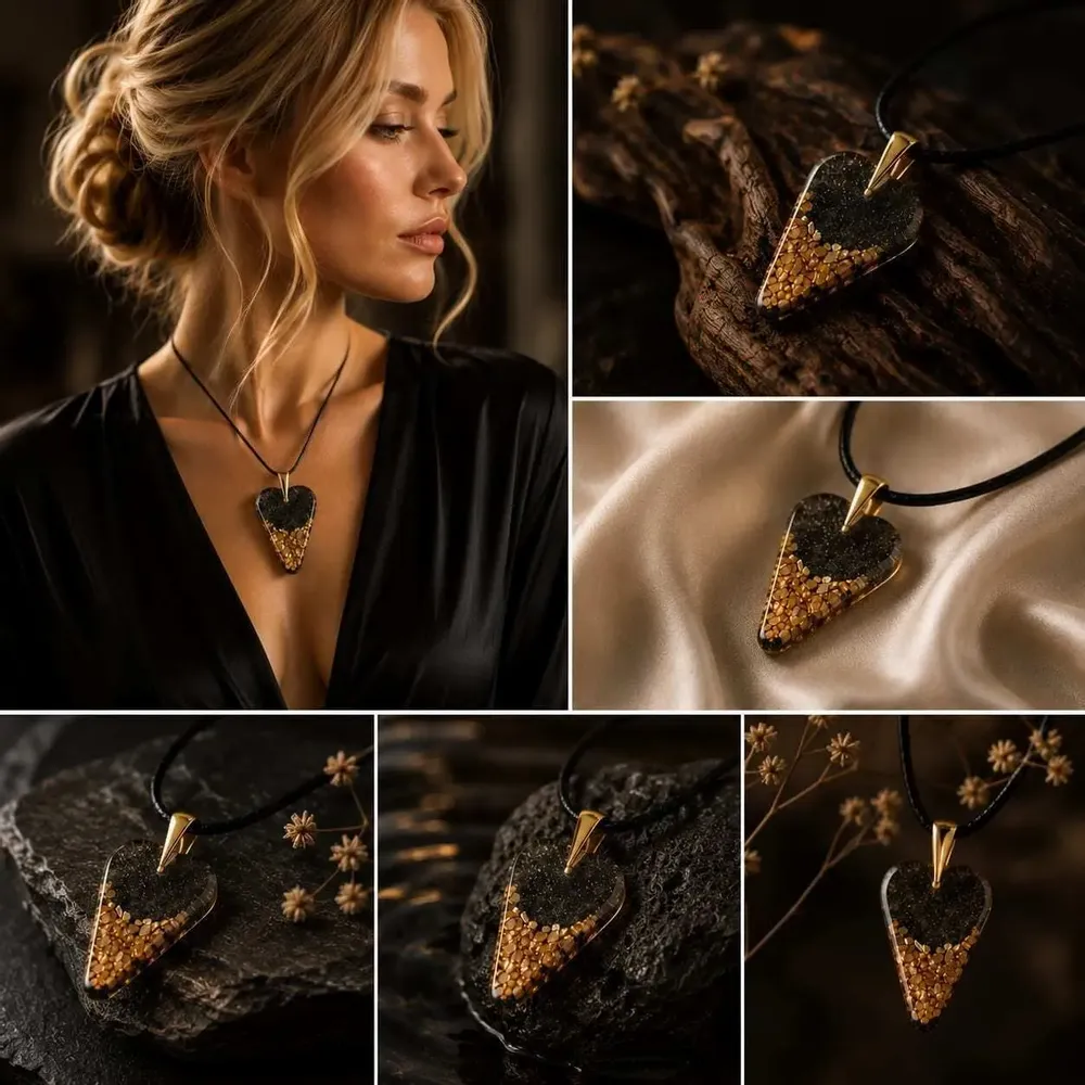 Jewelry - Bog Oak & Gold-Tone Leaf Pendant – Heart, 38x26x6 mm – Ancient Soul - GLASS4CANDLES