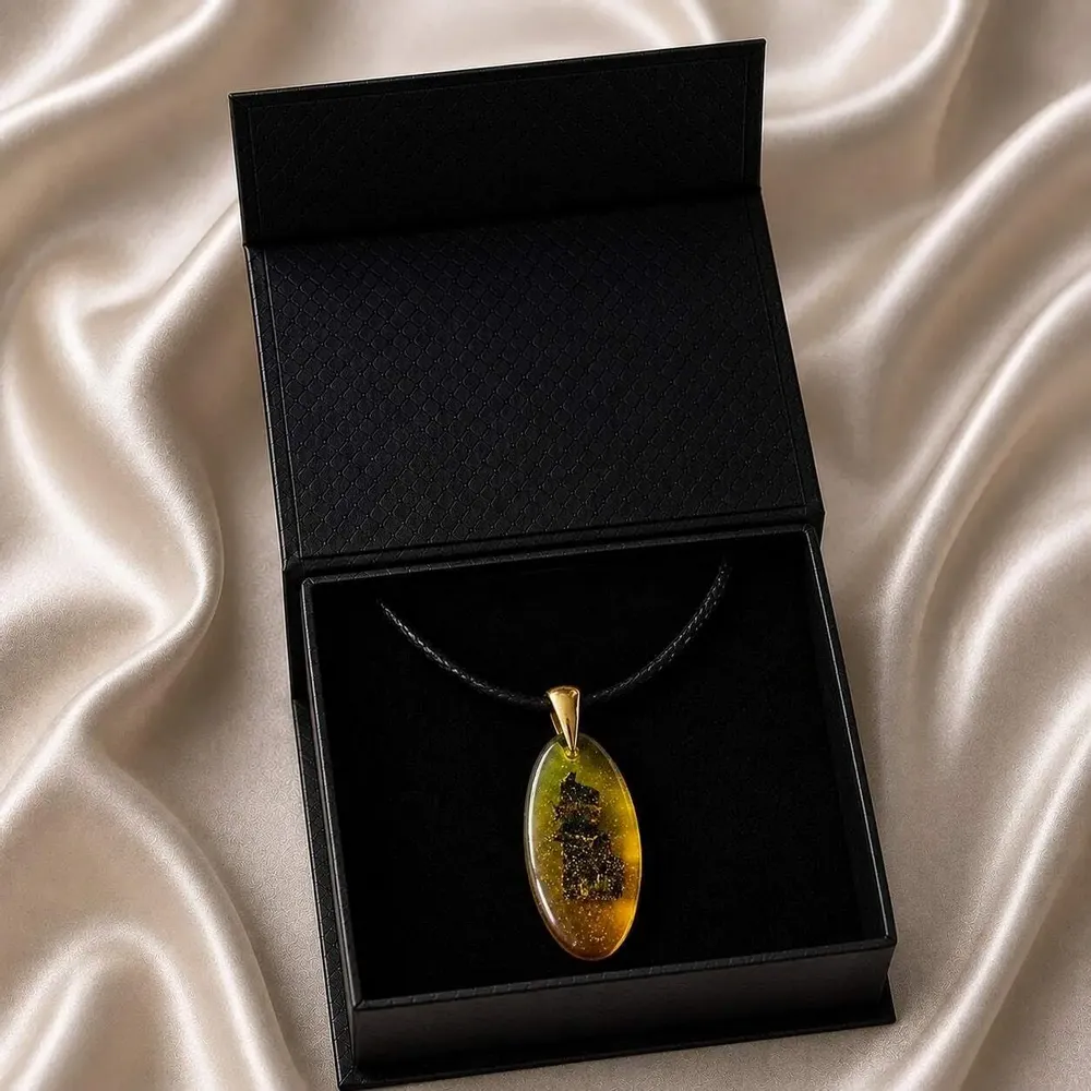 Bijoux - Pendentif en chêne noir et feuille dorée – goutte – Sérénité Obscure - GLASS4CANDLES