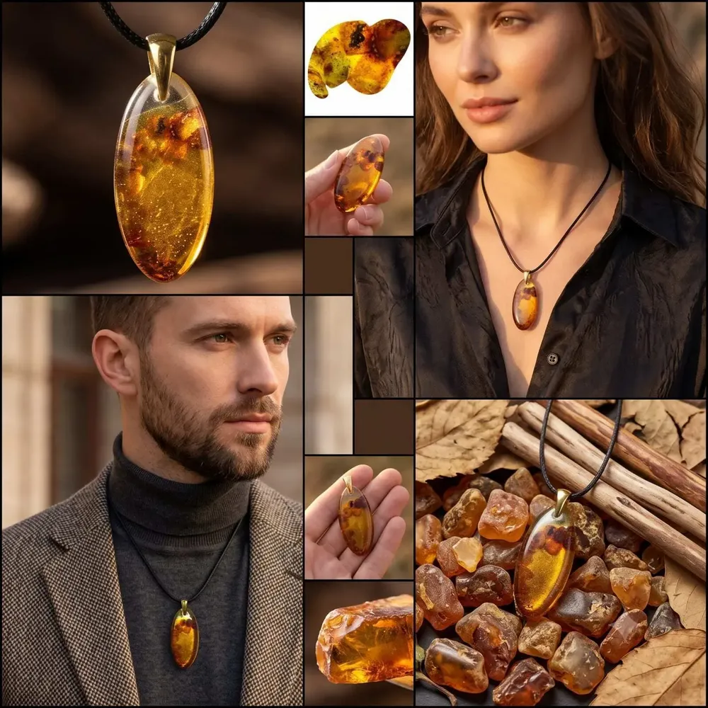 Bijoux - Pendentif en ambre baltique et feuille dorée – goutte – Braise Obscure - GLASS4CANDLES