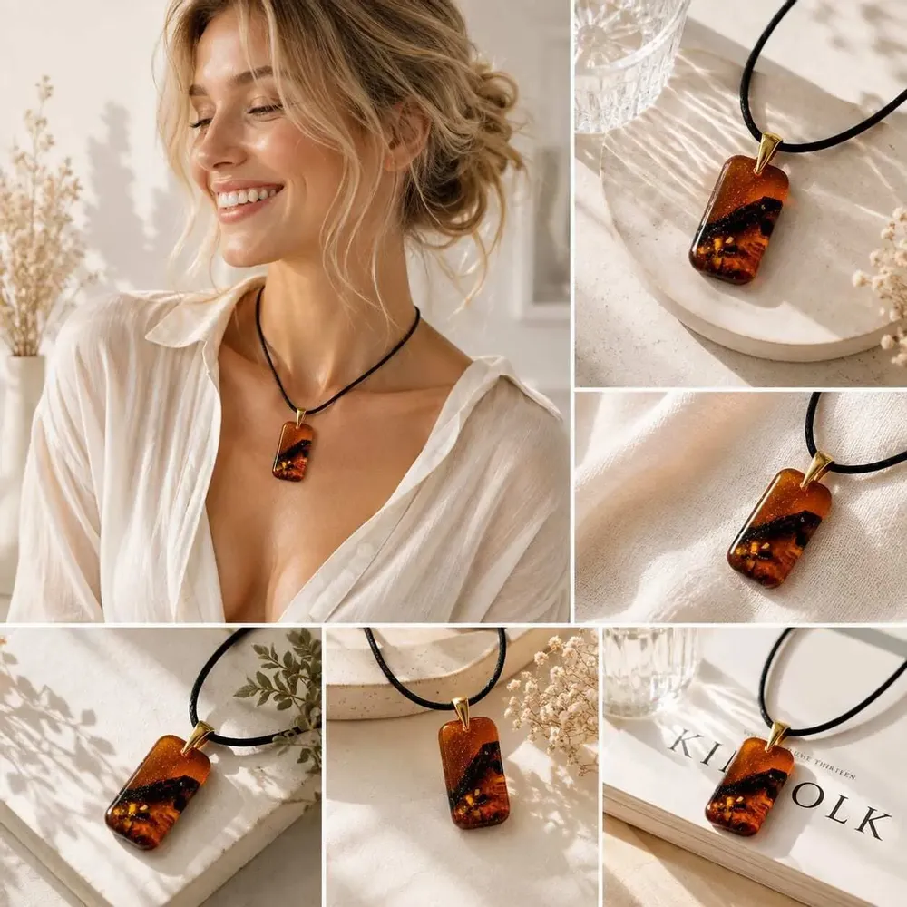 Bijoux - Pendentif en chêne noir et ambre – rectangle – Origine Terrestre - GLASS4CANDLES