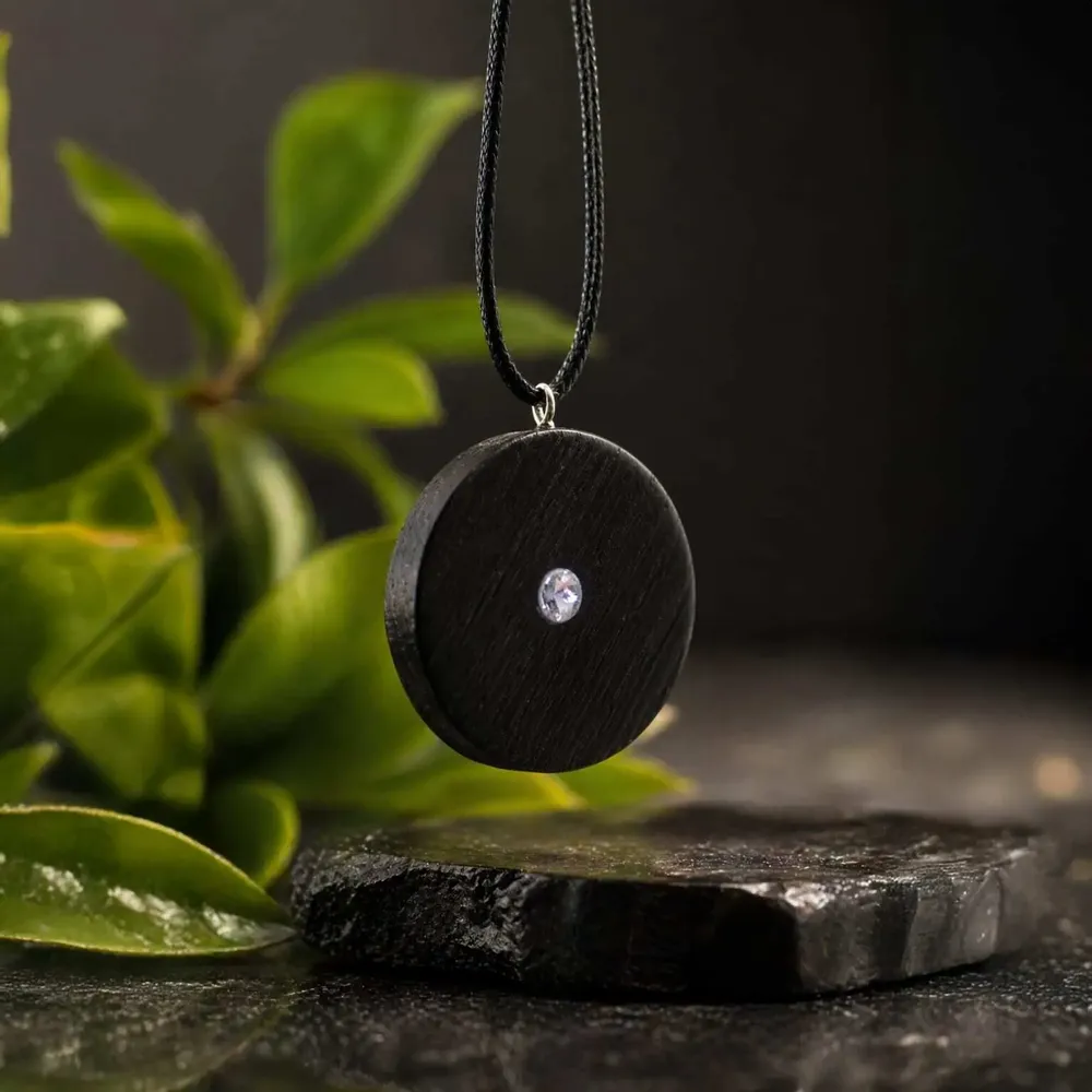 Jewelry - Bog Oak & Austrian Crystal Pendant – Round, 40x40x6 mm – small opening - GLASS4CANDLES