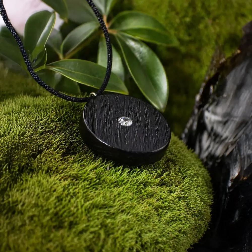 Jewelry - Bog Oak & Austrian Crystal Pendant – Round, 40x40x6 mm – small opening - GLASS4CANDLES