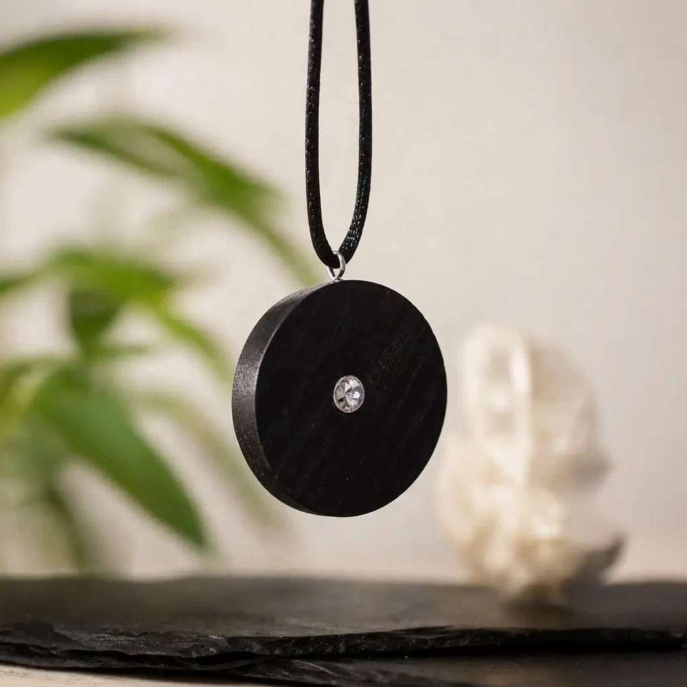 Jewelry - Bog Oak & Austrian Crystal Pendant – Round, 40x40x6 mm – small opening - GLASS4CANDLES