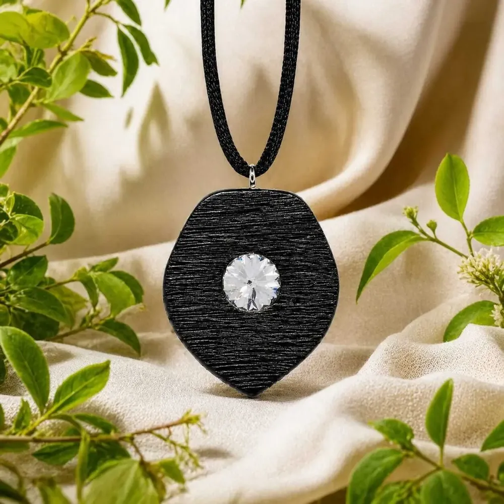 Jewelry - Bog Oak & Austrian Crystal Pendant – Shield – textured surface - GLASS4CANDLES
