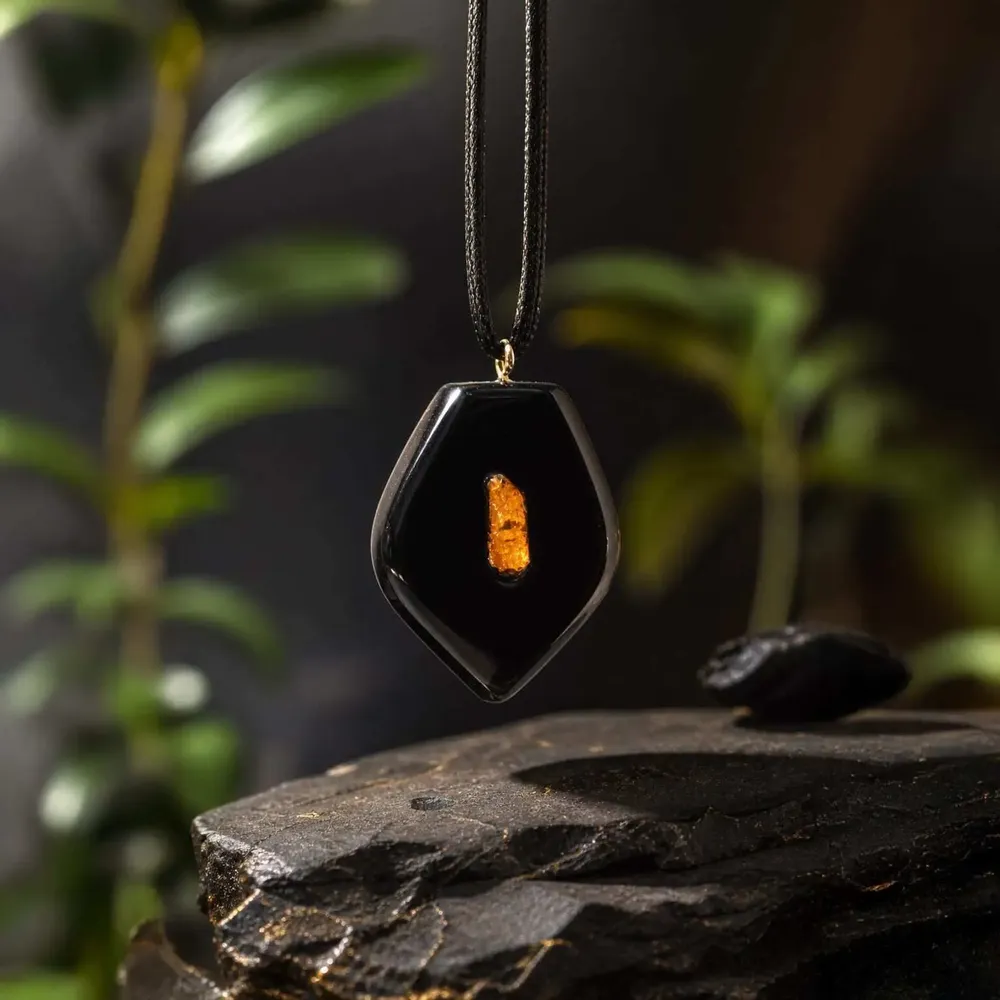 Jewelry - Bog Oak & Baltic Amber Pendant – Shield, 45x35x8 mm – single amber - GLASS4CANDLES