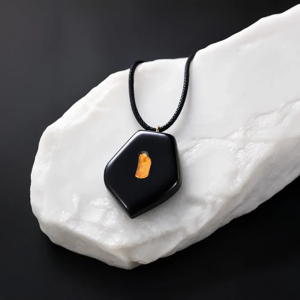 Jewelry - Bog Oak & Baltic Amber Pendant – Shield, 45x35x8 mm – single amber - GLASS4CANDLES
