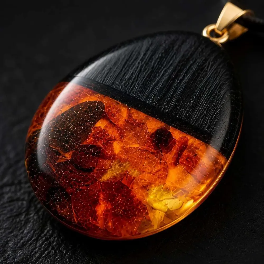 Jewelry - Bog Oak & Baltic Amber Pendant – Oval, 40x25x8 mm - GLASS4CANDLES