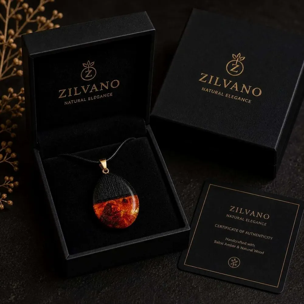Jewelry - Bog Oak & Baltic Amber Pendant – Oval, 40x25x8 mm - GLASS4CANDLES