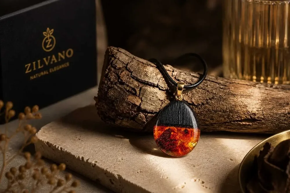 Jewelry - Bog Oak & Baltic Amber Pendant – Oval, 40x25x8 mm - GLASS4CANDLES