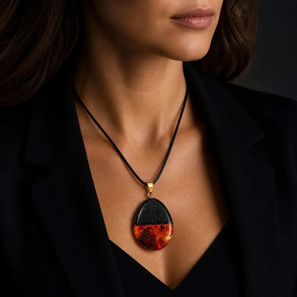 Jewelry - Bog Oak & Baltic Amber Pendant – Oval, 40x25x8 mm - GLASS4CANDLES